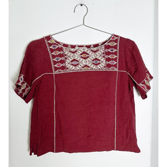 Madewell Red Embroidered Linen Blend Boxy Top sz XS - Picture 2 of 8